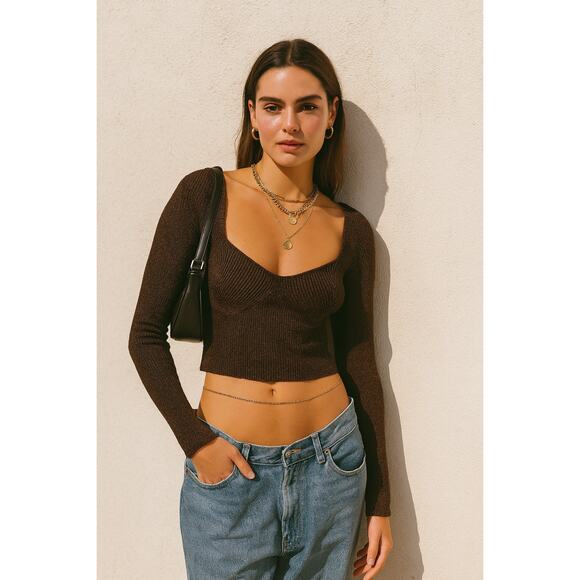 STAUD Cerro Knit Metallic Top Bustier Long Sleeve Bronze Small Cropped Shirt - Picture 1 of 8